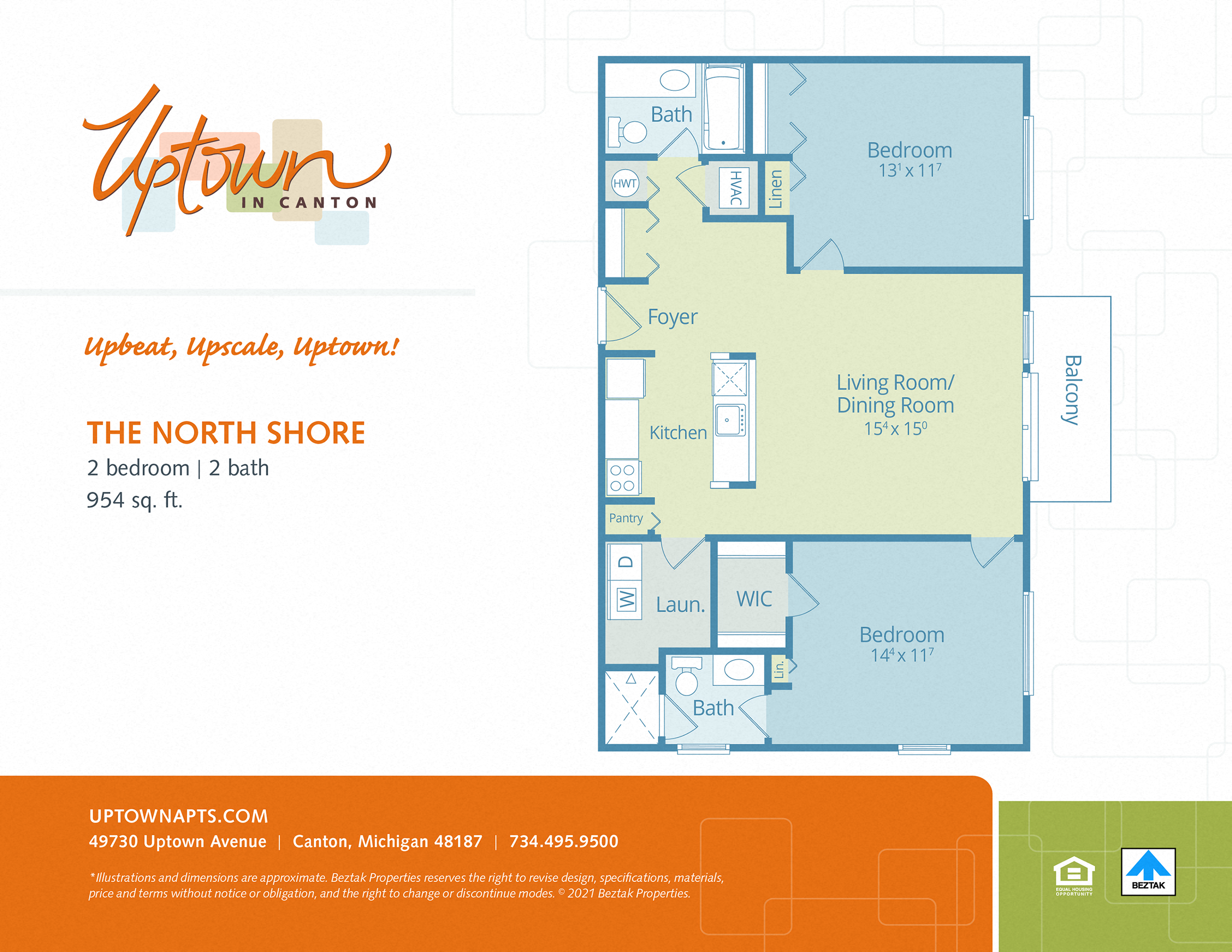 Floor plan for 2 beds, 2 baths, 956 sqft